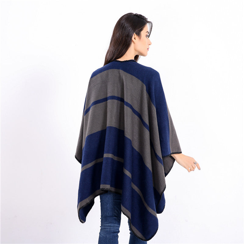 Women Oversize Ruana with geometric block stripes and decorative seams Mune Fashion