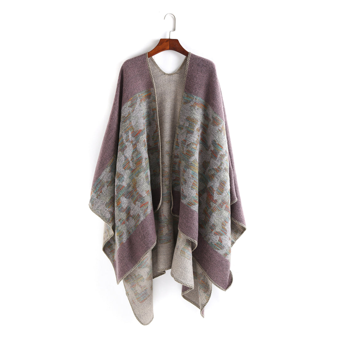 Ladies Oversize Ruana Cape made of wool blend with geometric jacquard trim Mune Fashion