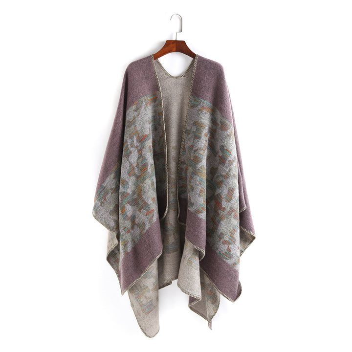 Ladies Oversize Ruana Cape made of wool blend with geometric jacquard trim Mune Fashion