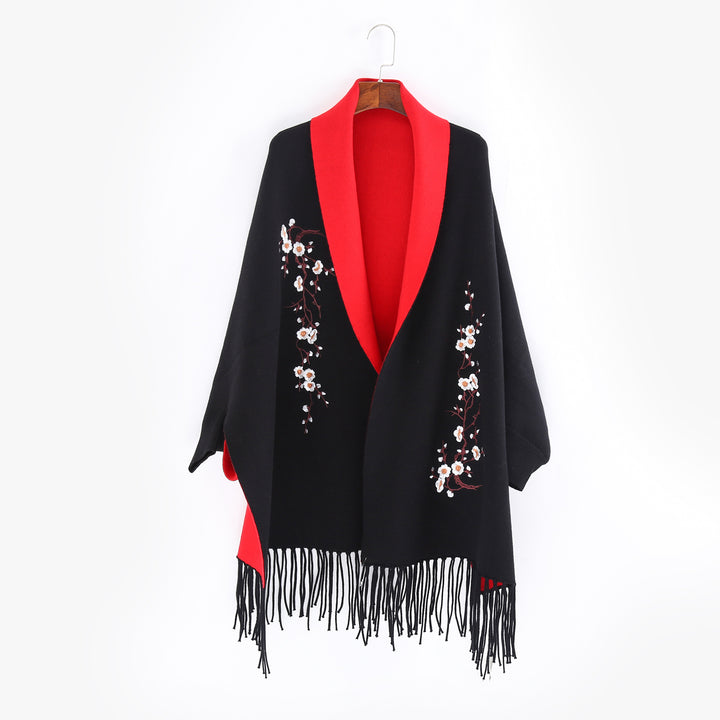 Women's Reversible Knit Ruana with Floral Embroidery and Fringe Hem Mune Fashion