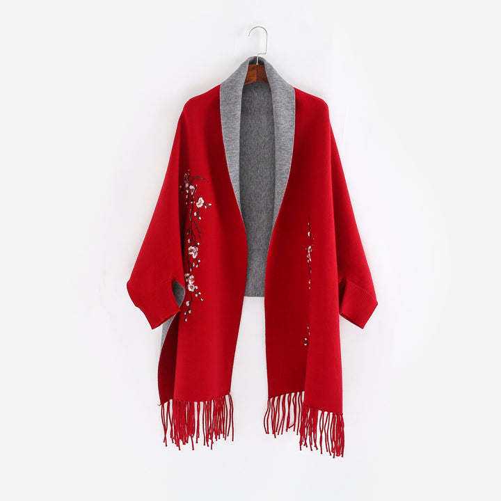 Women's Reversible Knit Ruana with Floral Embroidery and Fringe Hem Mune Fashion