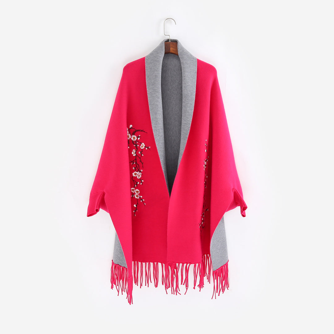Women's Reversible Knit Ruana with Floral Embroidery and Fringe Hem Mune Fashion