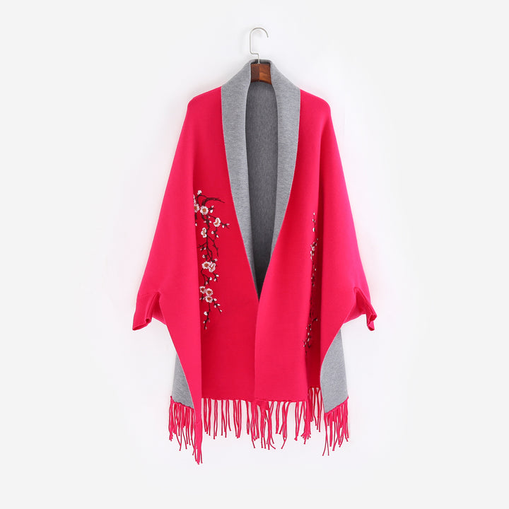 Women's Reversible Knit Ruana with Floral Embroidery and Fringe Hem Mune Fashion