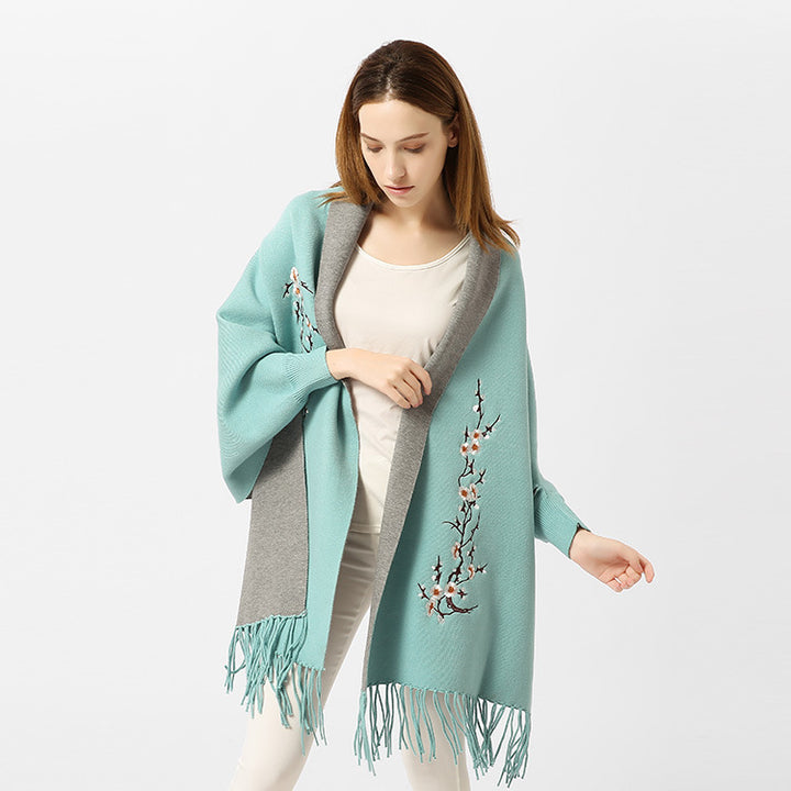 Women's Reversible Knit Ruana with Floral Embroidery and Fringe Hem Mune Fashion