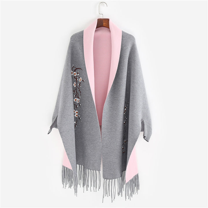 Women's Reversible Knit Ruana with Floral Embroidery and Fringe Hem Mune Fashion