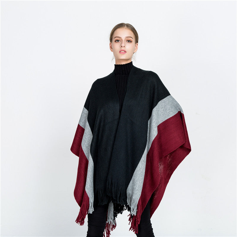 Women Oversized Knit Ruana with V-Neck, Open Fall and Fringe Hem Mune Fashion