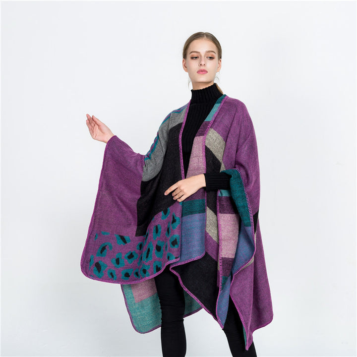 Women Oversize Ruana Poncho with Star Jacquard and Decorative Stitch Edge Mune Fashion