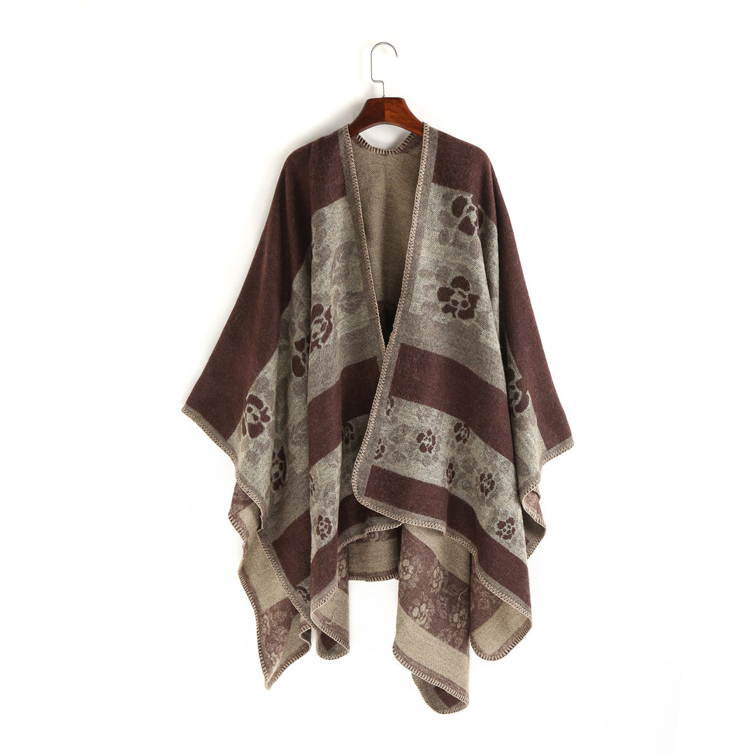 Women's Jacquard Ruana Wrap with Floral Inlay Pattern and Open Fall Mune Fashion