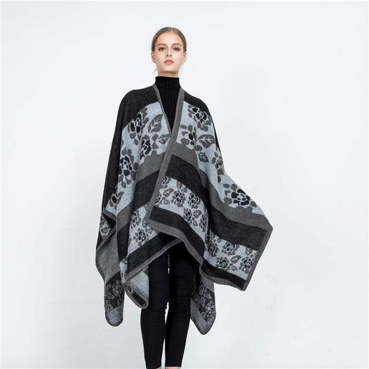Women's Jacquard Ruana Wrap with Floral Inlay Pattern and Open Fall Mune Fashion