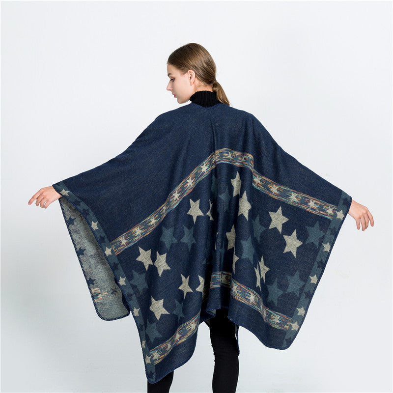 Women's Jacquard Ruana Poncho with star jacquard and softly falling oversized silhouette Mune Fashion