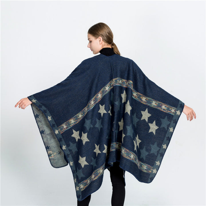 Women's Jacquard Ruana Poncho with star jacquard and softly falling oversized silhouette Mune Fashion