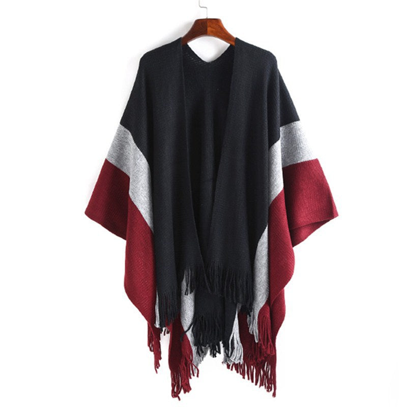 Women Oversized Knit Ruana with V-Neck, Open Fall and Fringe Hem Mune Fashion