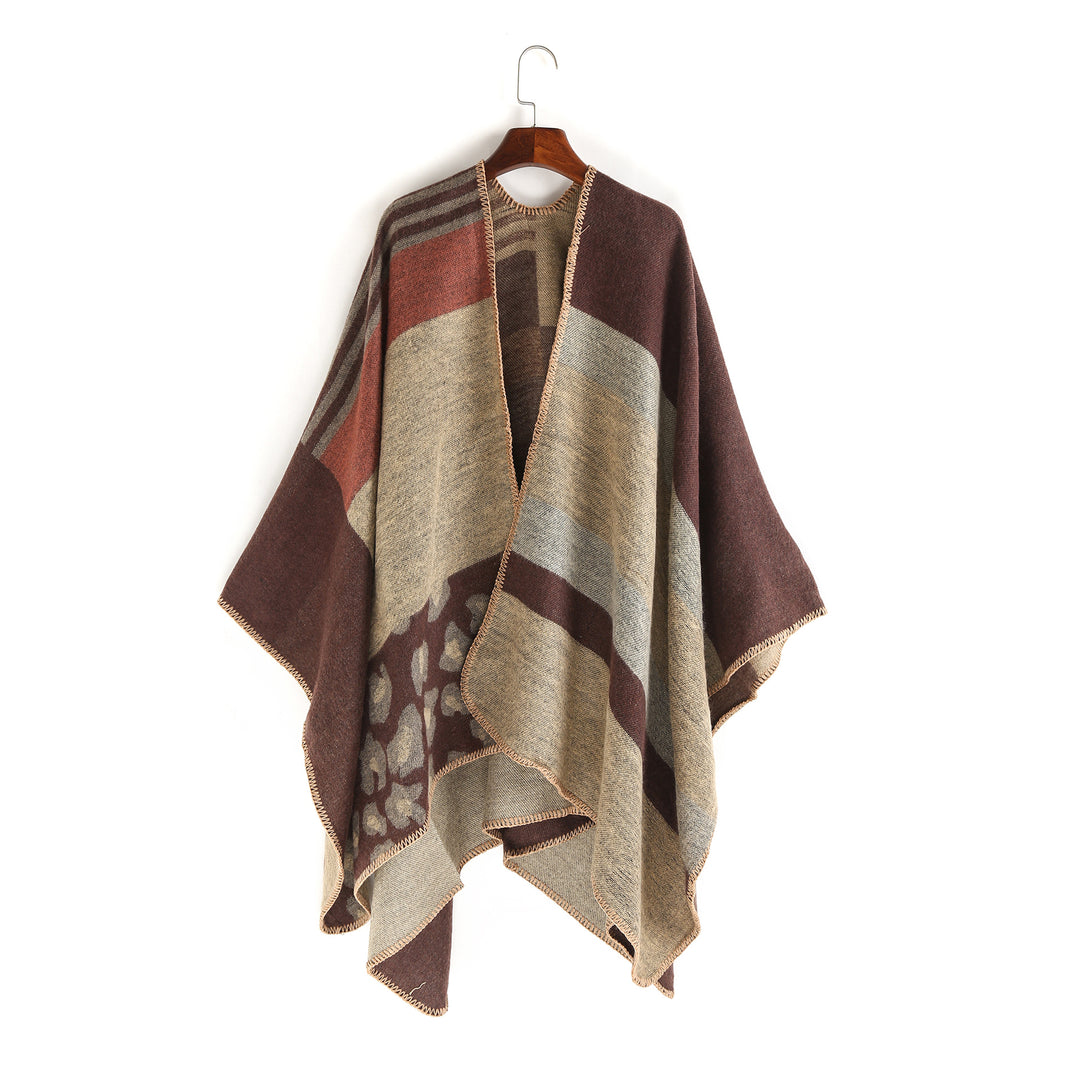 Women Oversize Ruana Poncho with Star Jacquard and Decorative Stitch Edge Mune Fashion