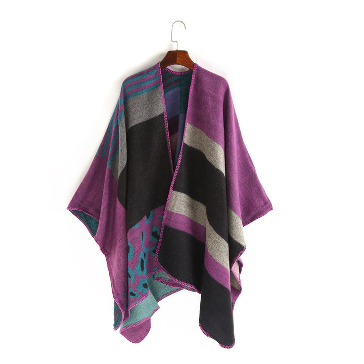 Women Oversize Ruana Poncho with Star Jacquard and Decorative Stitch Edge Mune Fashion
