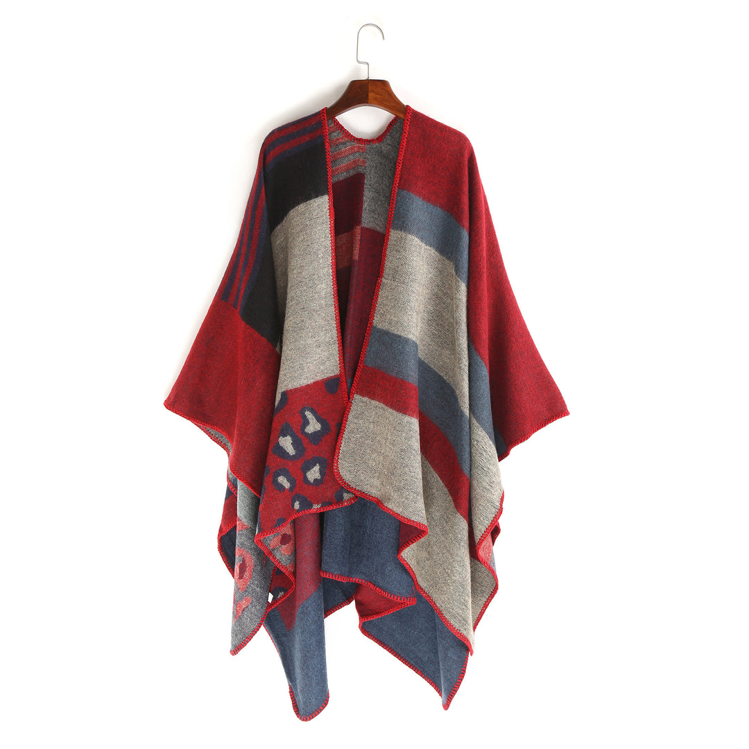 Women Oversize Ruana Poncho with Star Jacquard and Decorative Stitch Edge Mune Fashion