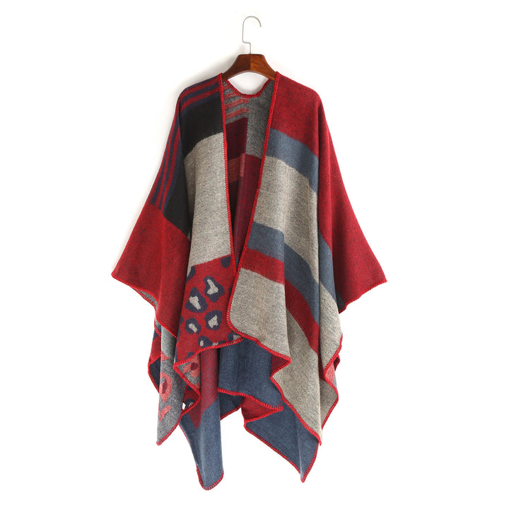 Women Oversize Ruana Poncho with Star Jacquard and Decorative Stitch Edge Mune Fashion