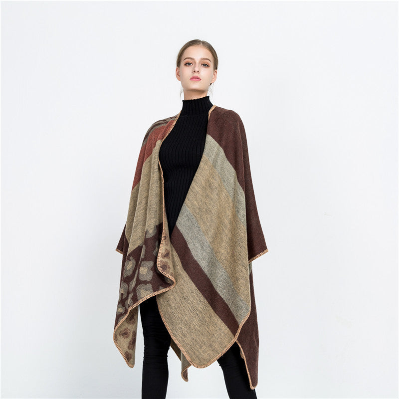Women Oversize Ruana Poncho with Star Jacquard and Decorative Stitch Edge Mune Fashion