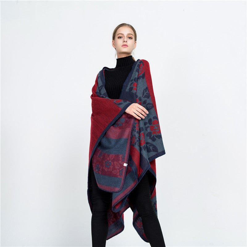 Women's Jacquard Ruana Wrap with Floral Inlay Pattern and Open Fall Mune Fashion