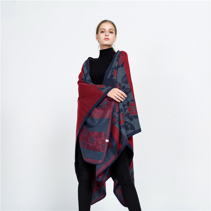Women's Jacquard Ruana Wrap with Floral Inlay Pattern and Open Fall Mune Fashion