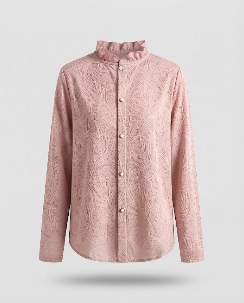 Women Elegant structured long sleeve blouse with ruffled stand-up collar and pearl button placket Mune Fashion