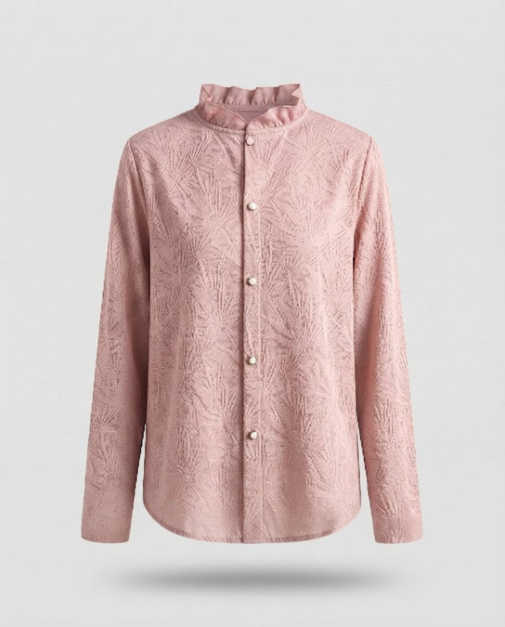 Women Elegant structured long sleeve blouse with ruffled stand-up collar and pearl button placket Mune Fashion