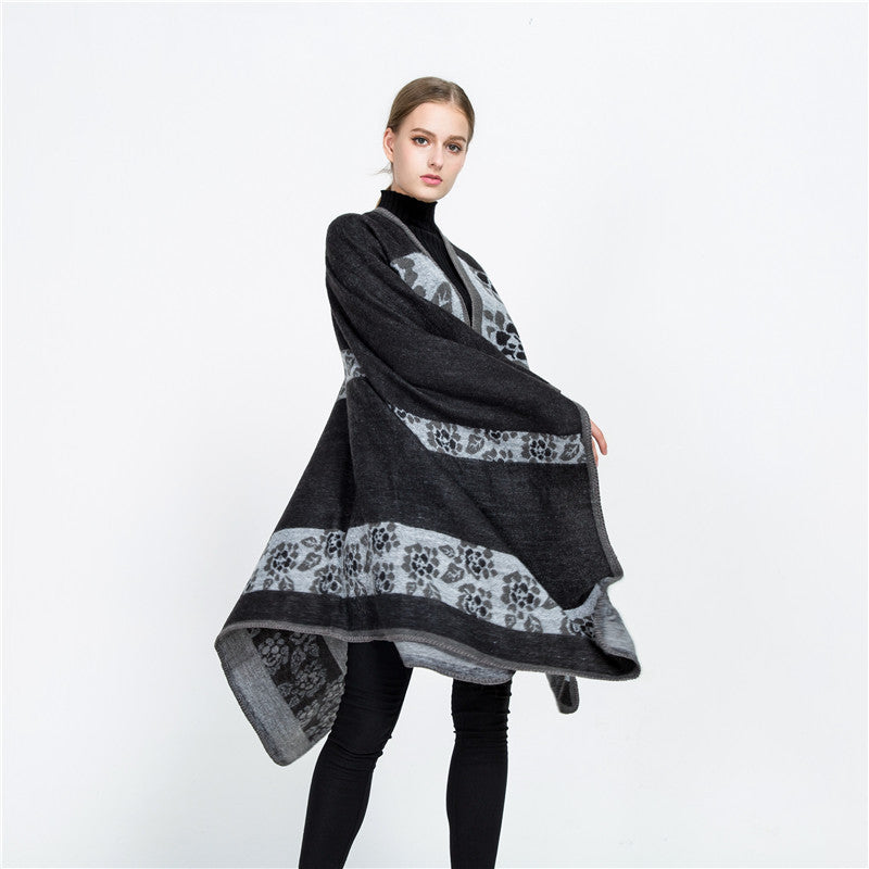 Women's Jacquard Ruana Wrap with Floral Inlay Pattern and Open Fall Mune Fashion