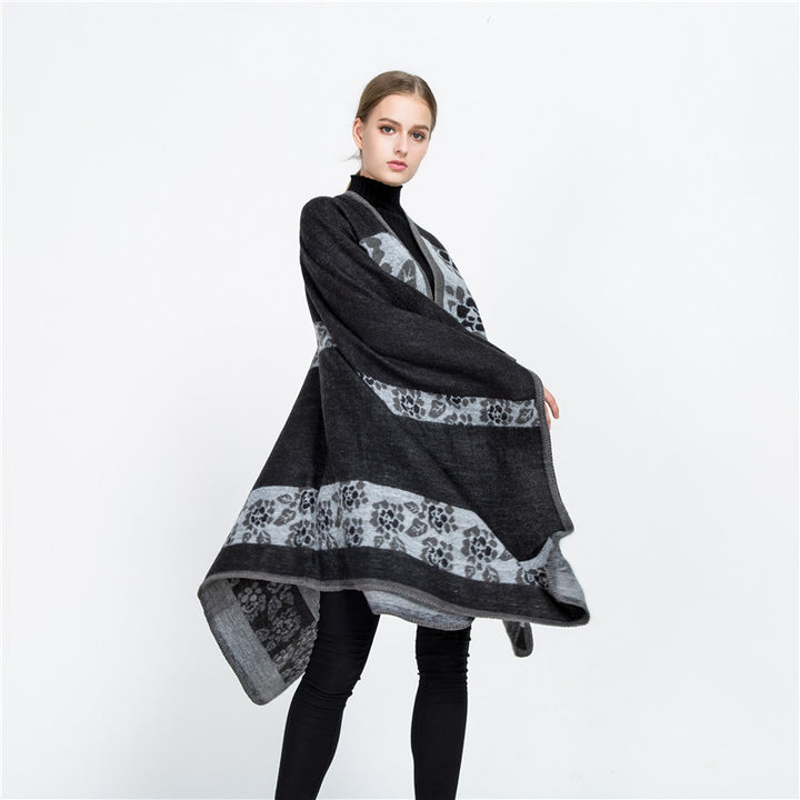 Women's Jacquard Ruana Wrap with Floral Inlay Pattern and Open Fall Mune Fashion
