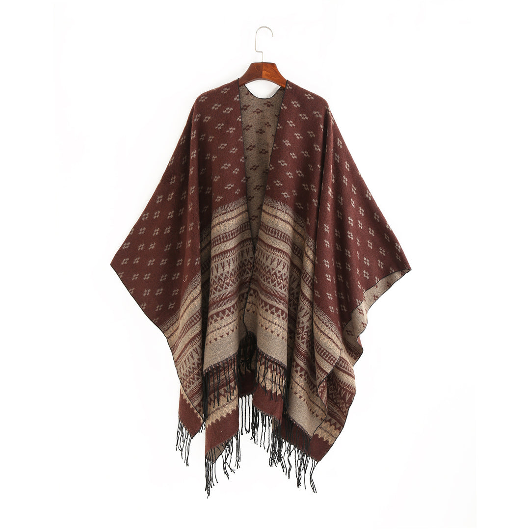 Women's Ruana Poncho with Jacquard pattern, fringes, and soft wool mix Mune Fashion