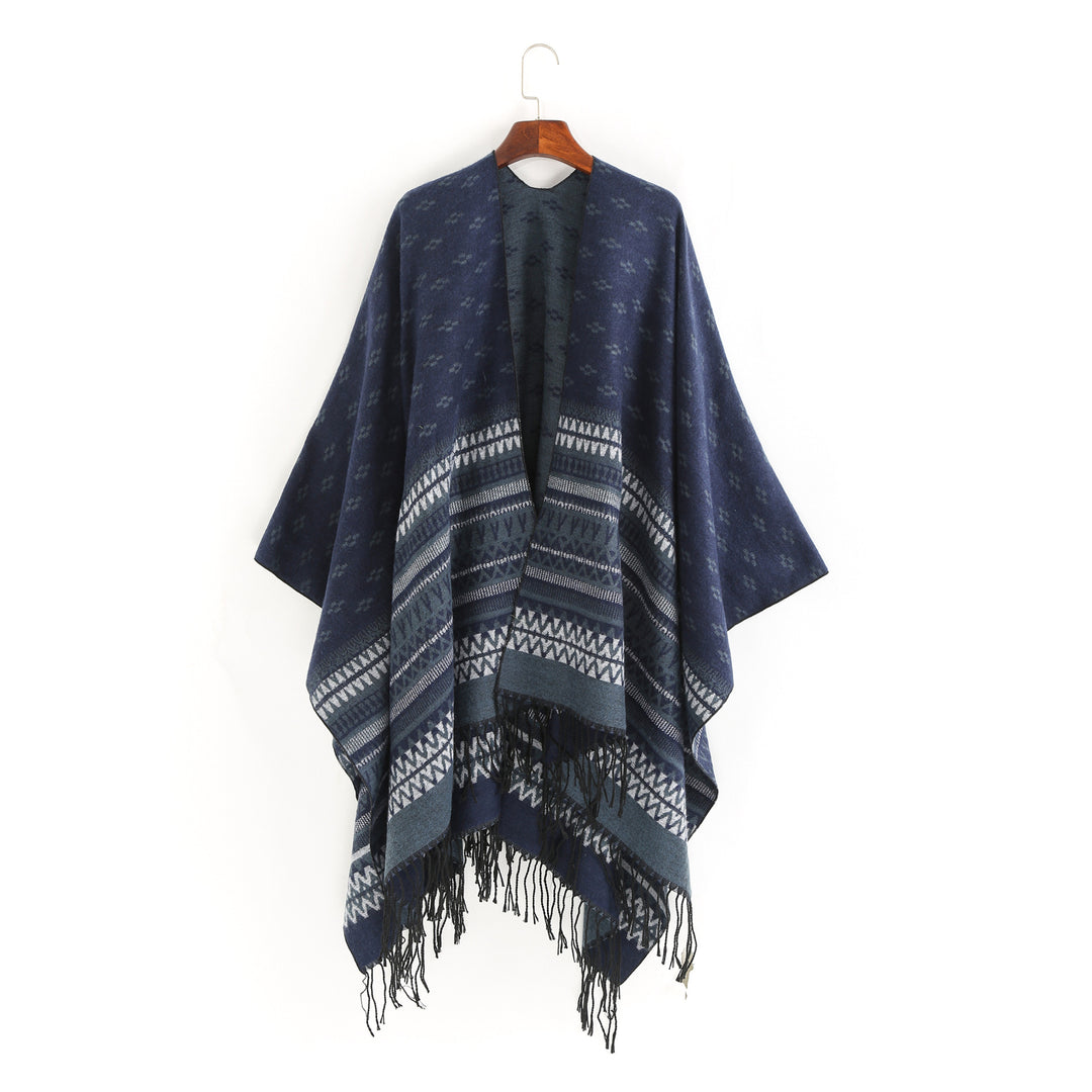 Women's Ruana Poncho with Jacquard pattern, fringes, and soft wool mix Mune Fashion