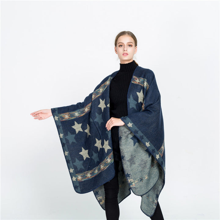 Women's Jacquard Ruana Poncho with star jacquard and softly falling oversized silhouette Mune Fashion