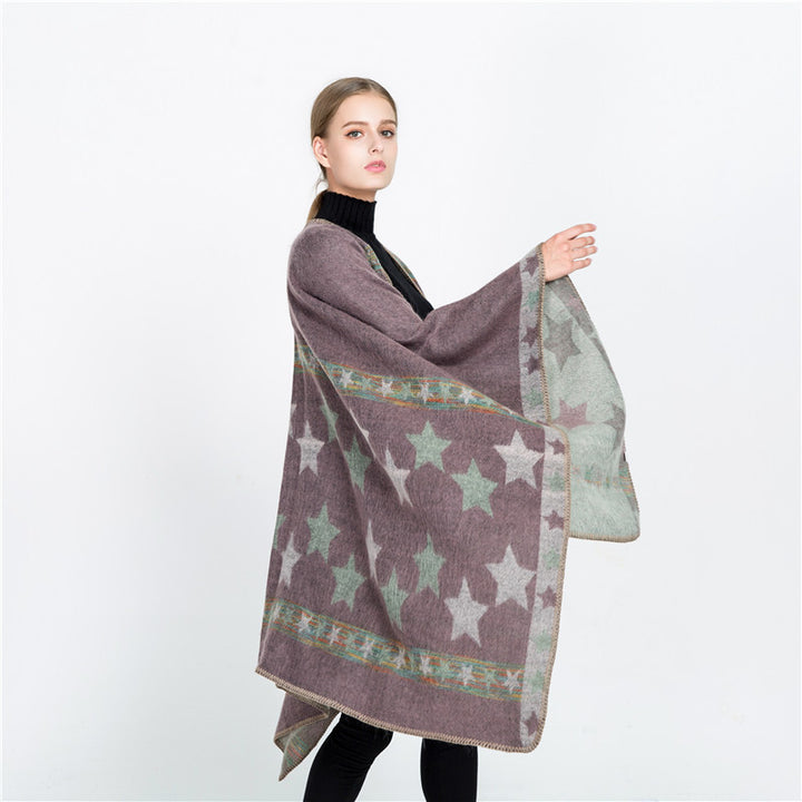 Women's Jacquard Ruana Poncho with star jacquard and softly falling oversized silhouette Mune Fashion