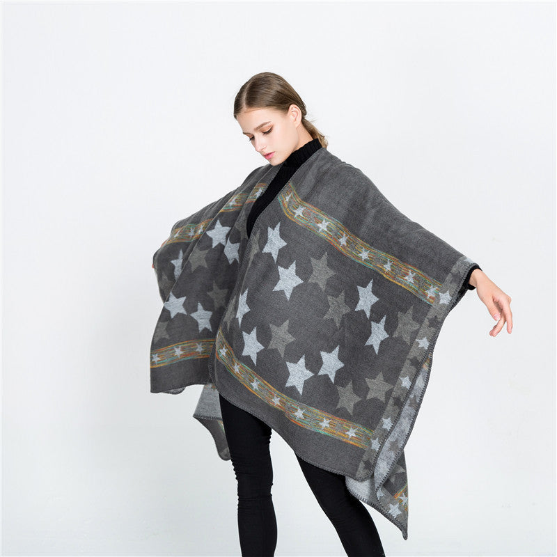 Women's Jacquard Ruana Poncho with star jacquard and softly falling oversized silhouette Mune Fashion