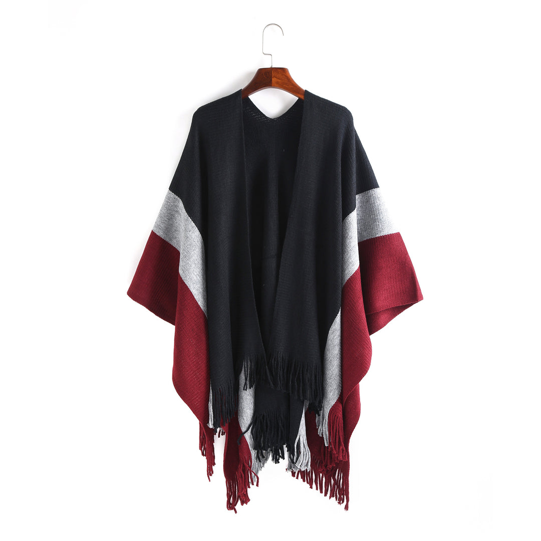 Women Oversized Knit Ruana with V-Neck, Open Fall and Fringe Hem Mune Fashion