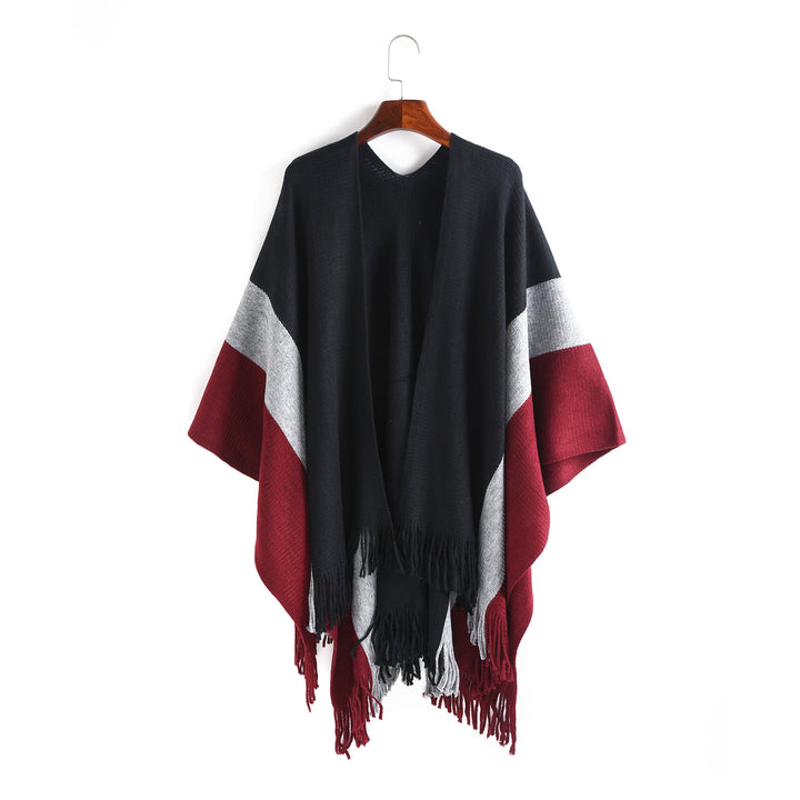 Women Oversized Knit Ruana with V-Neck, Open Fall and Fringe Hem Mune Fashion