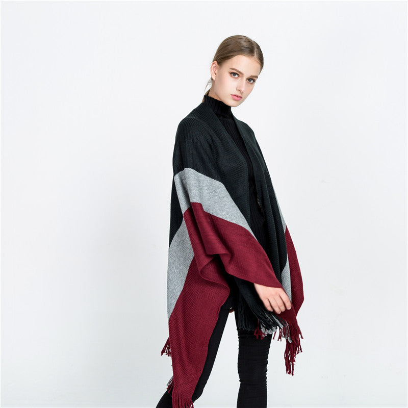Women Oversized Knit Ruana with V-Neck, Open Fall and Fringe Hem Mune Fashion