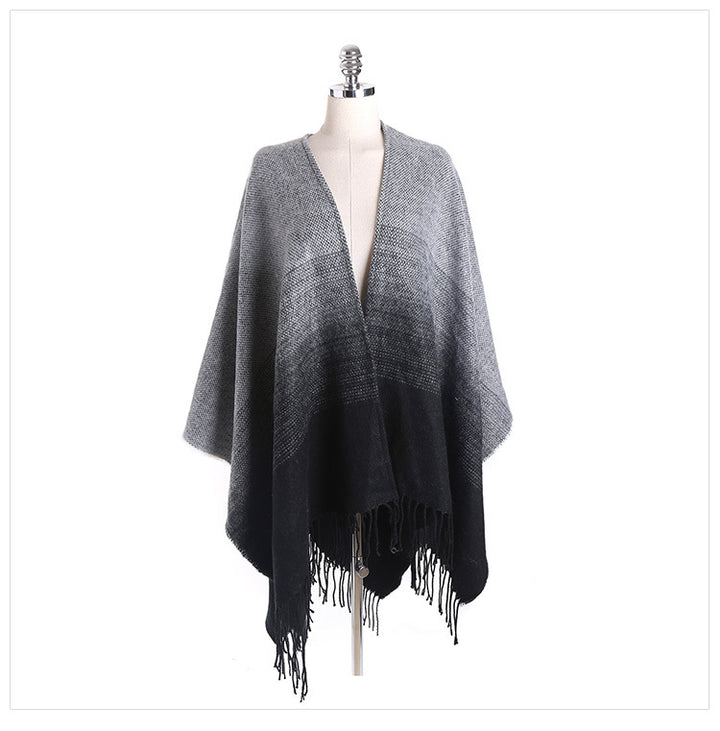 Women Oversize Poncho in gradient knit with fringes and open front Mune Fashion