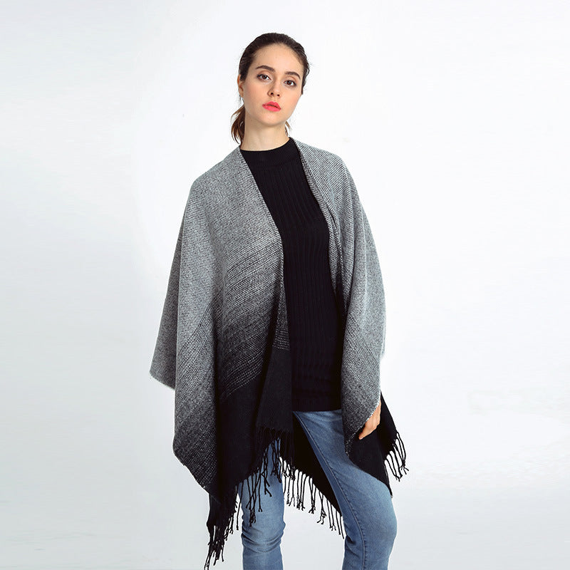 Women Oversize Poncho in gradient knit with fringes and open front Mune Fashion