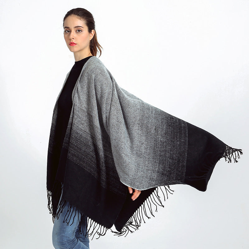 Women Oversize Poncho in gradient knit with fringes and open front Mune Fashion