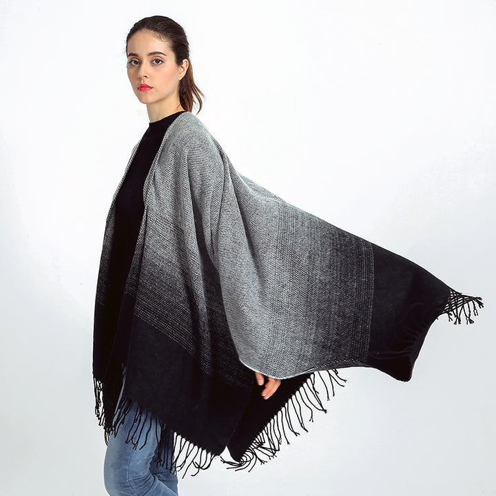 Women Oversize Poncho in gradient knit with fringes and open front Mune Fashion