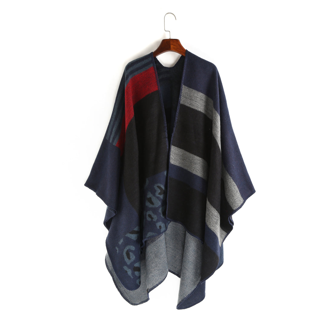 Women Oversize Ruana Poncho with Star Jacquard and Decorative Stitch Edge Mune Fashion