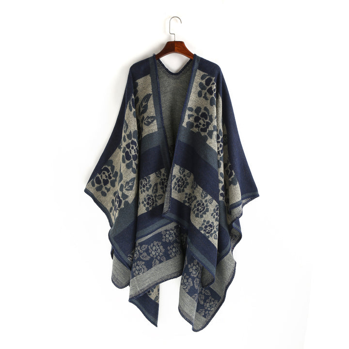 Women's Jacquard Ruana Wrap with Floral Inlay Pattern and Open Fall Mune Fashion