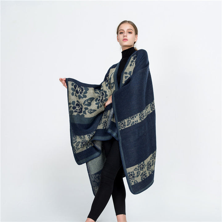 Women's Jacquard Ruana Wrap with Floral Inlay Pattern and Open Fall Mune Fashion