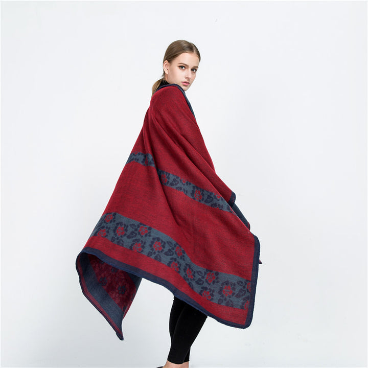 Women's Jacquard Ruana Wrap with Floral Inlay Pattern and Open Fall Mune Fashion