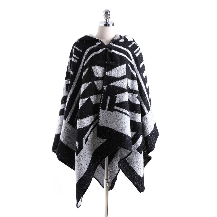 Women's Hooded Cape Poncho made of textured Bouclé with geometric contrast pattern Mune Fashion