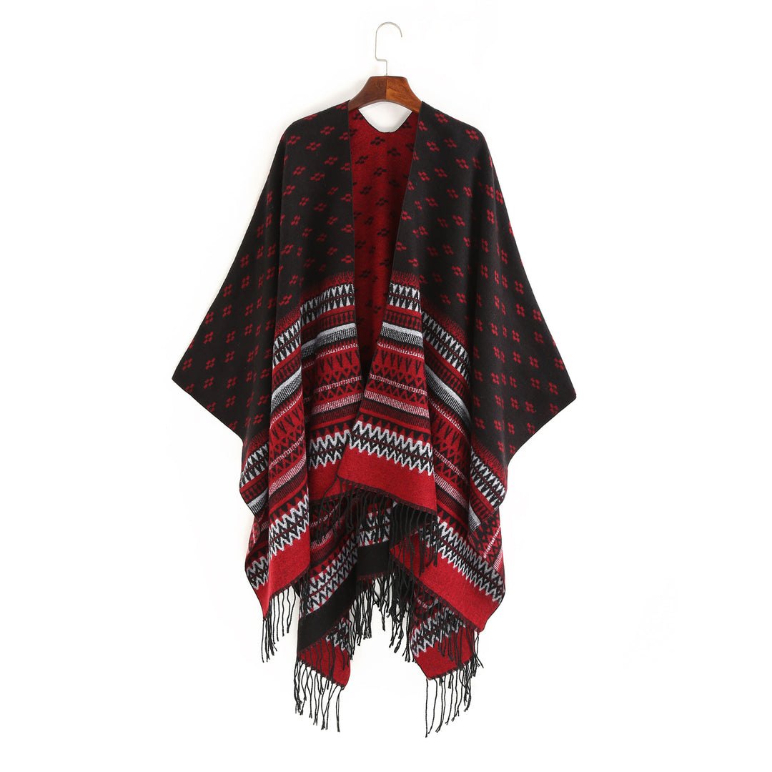 Women's Ruana Poncho with Jacquard pattern, fringes, and soft wool mix Mune Fashion