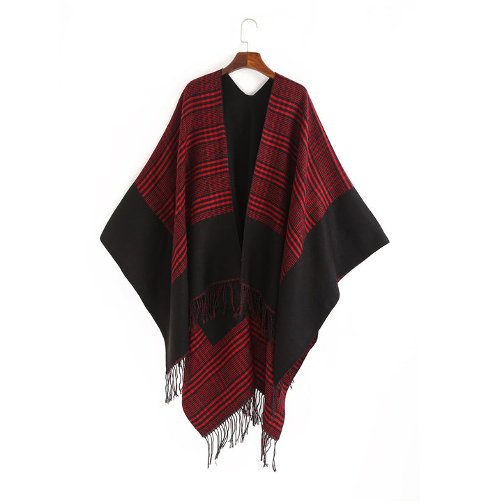 Women's Oversize Ruana with Glencheck Jacquard and Fringed Hem Mune Fashion