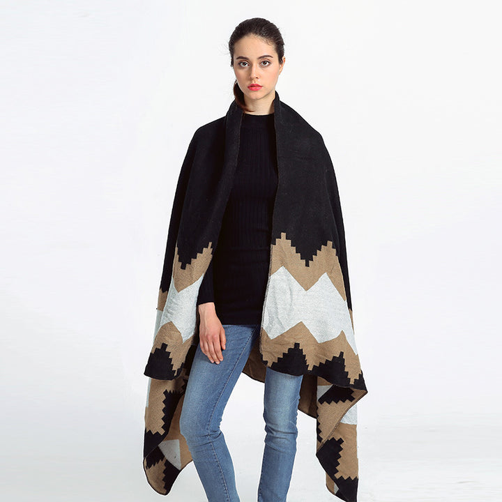 Women's oversized fine knit scarf with geometric jacquard and soft drape