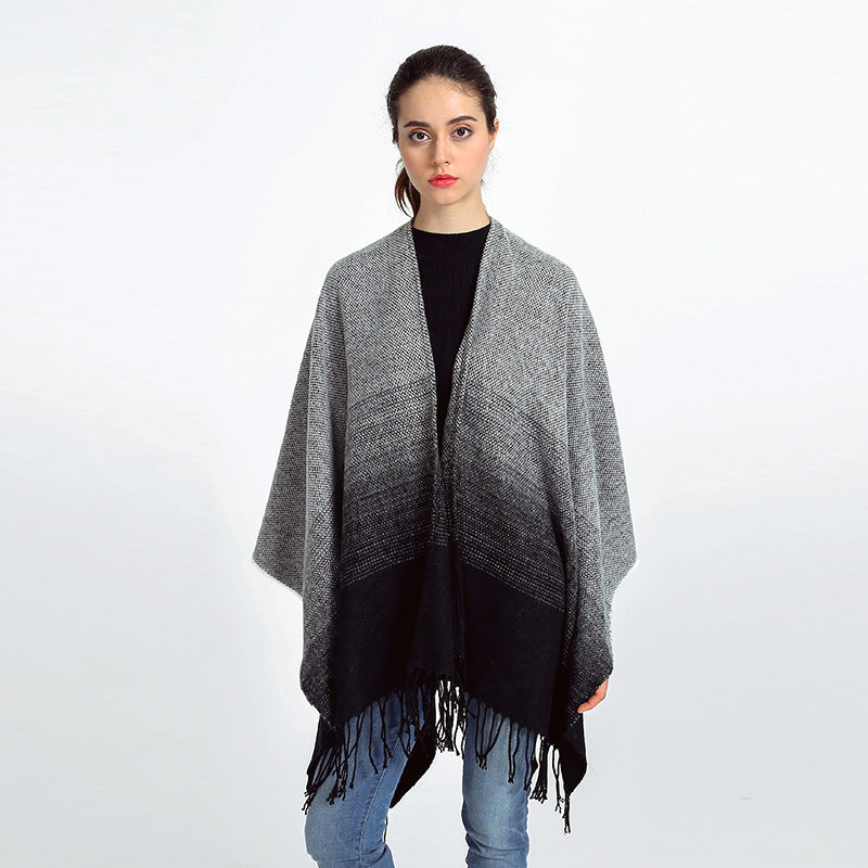 Women Oversize Poncho in gradient knit with fringes and open front Mune Fashion