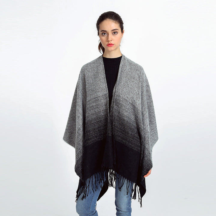 Women Oversize Poncho in gradient knit with fringes and open front Mune Fashion