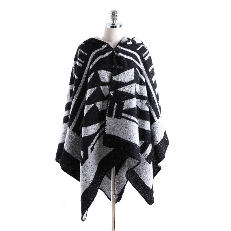 Women's Hooded Cape Poncho made of textured Bouclé with geometric contrast pattern Mune Fashion